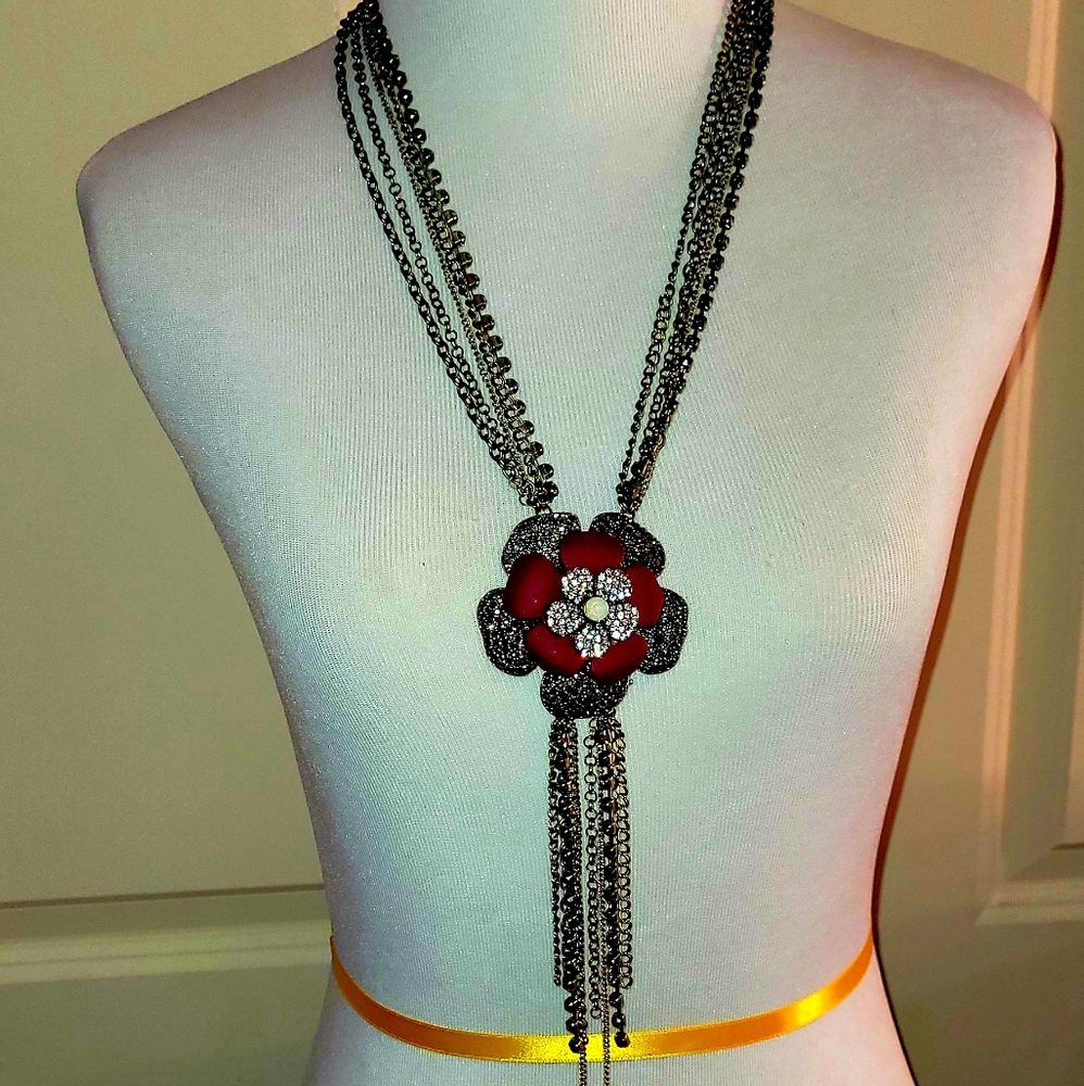 Charming Charlie's Vintage inspired Flower Tassel Statement Necklace Brass tone.